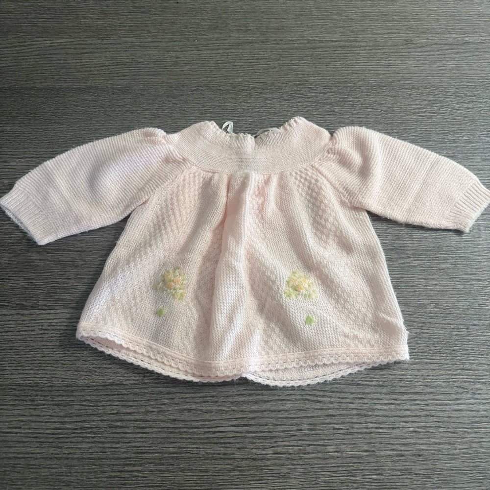 Vintage 70s Baby Girl's Handmade Crochet Knit Dress Light Pink